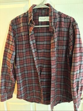 Abercrombie & Fitch Men's Burgundy and Gray Plaid Button-Down Shirt